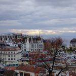 a view of a city with a ferris wheel in the foreground