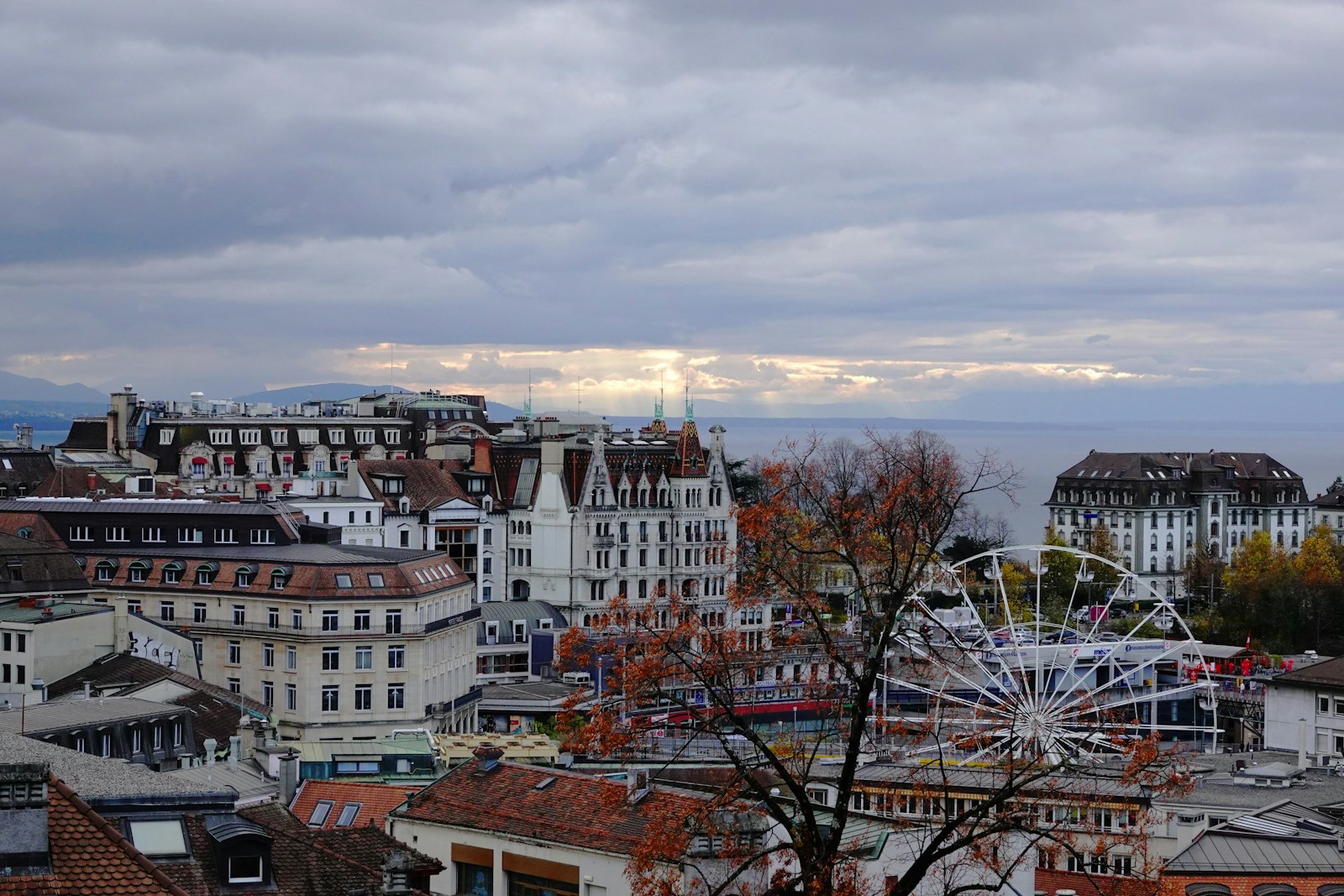 a view of a city with a ferris wheel in the foreground
